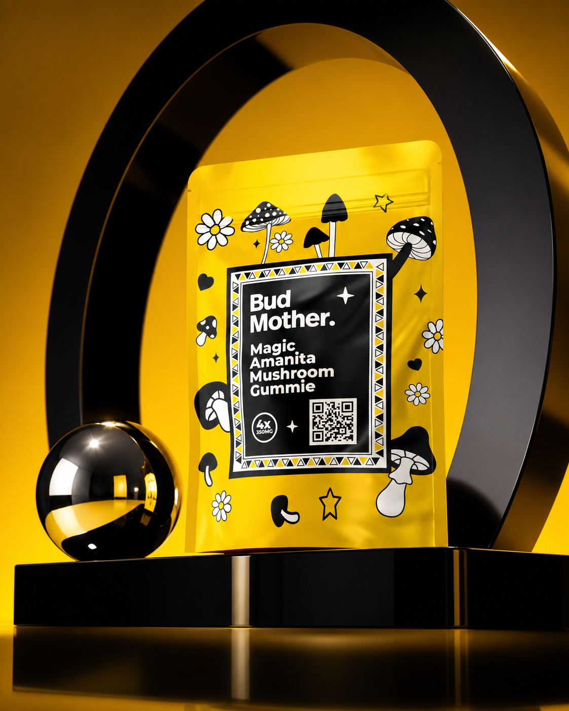 BUD MOTHER Magic Amanita Mushroom Gummie yellow pouch packaging on a glossy black pedestal beneath sculptural arches