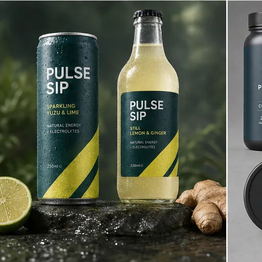 3D drink can and bottle mockups showing applied label artwork