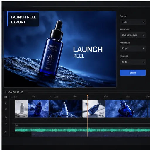 Product launch animation shown across vertical, square and landscape exports