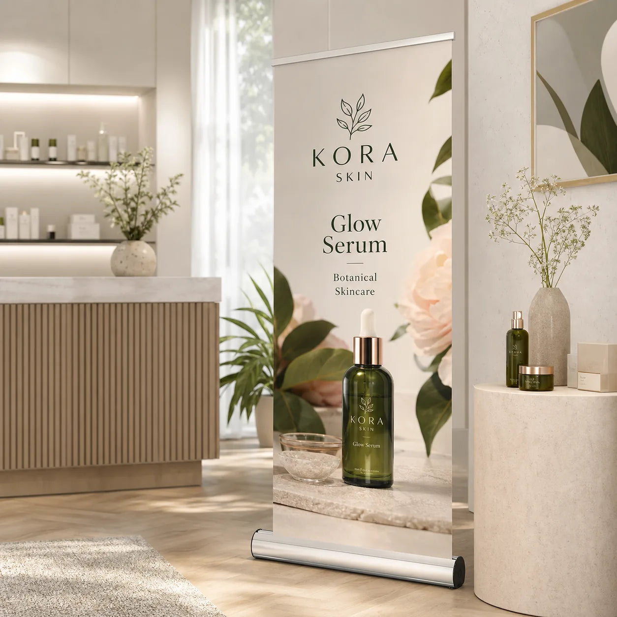 Premium skincare roll up banner designed with clear distance-led hierarchy