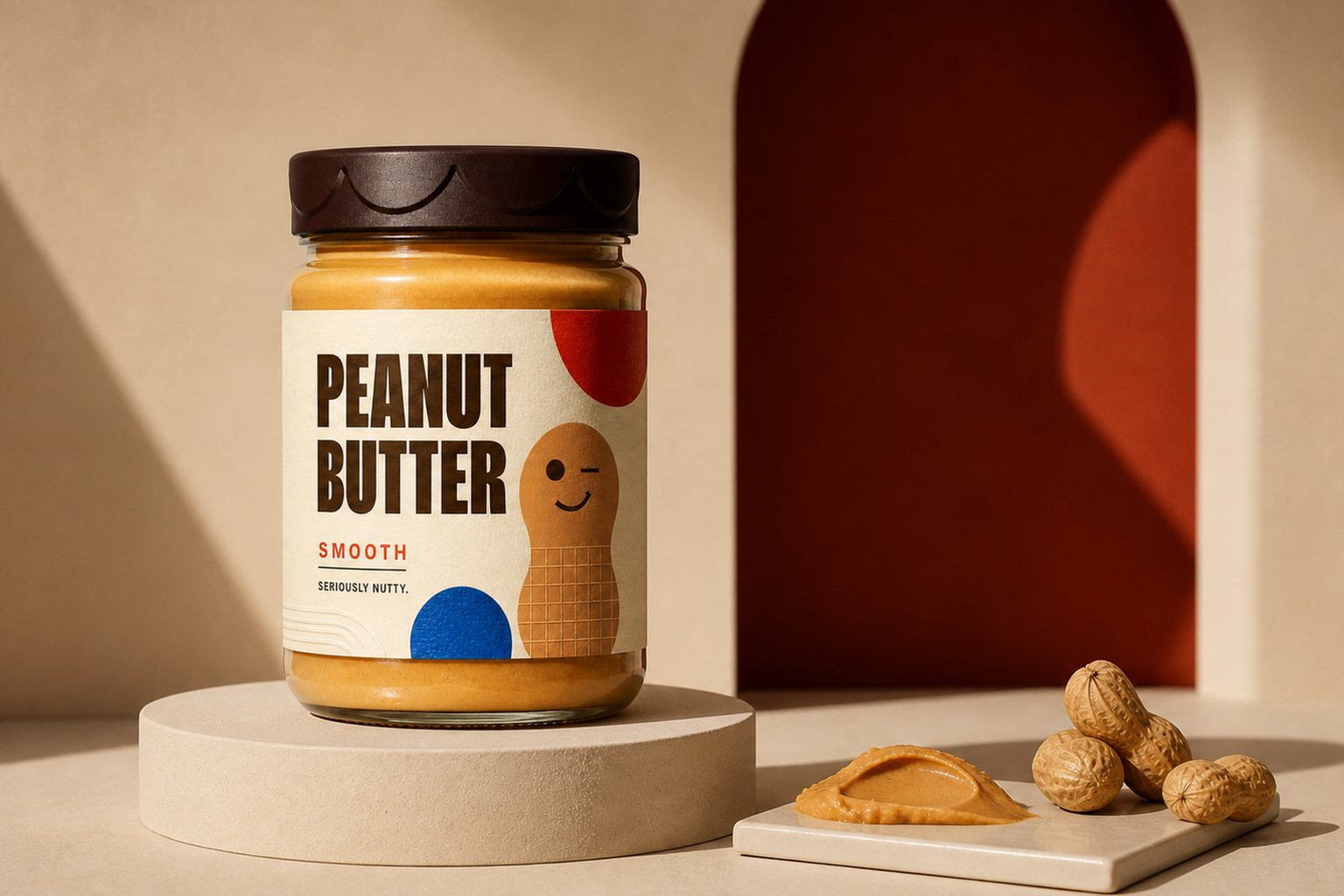 Front-facing Seriously Nutty peanut butter jar and label design