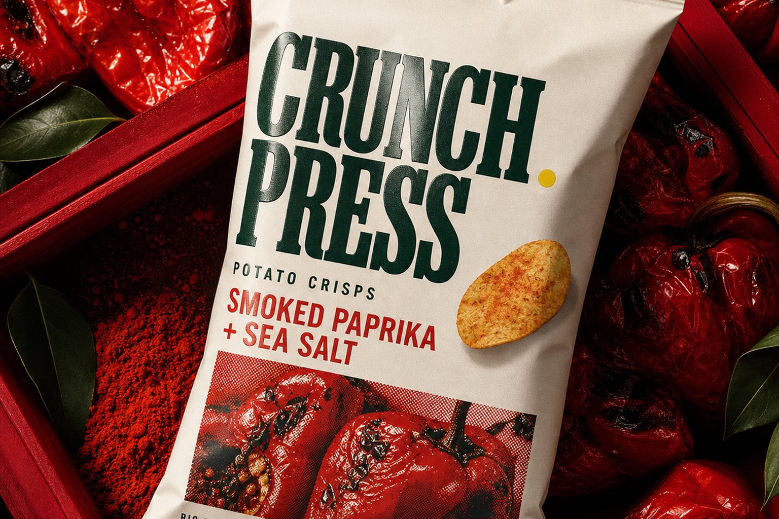 Front-facing Crunch Press crisp packaging