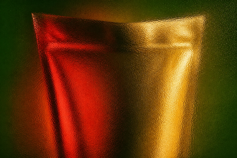 Unbranded stand-up food pouch seen through full-frame hammered glass in forest green, red and saffron light.