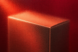 Unbranded folding-carton mockup seen through full-frame etched-grid glass in burgundy, coral and peach light.