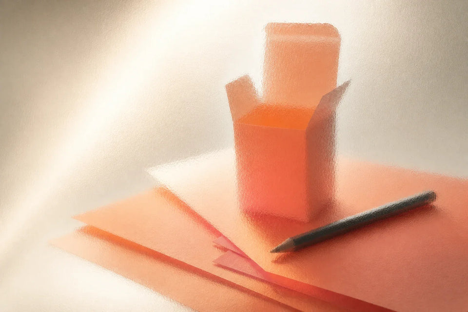 Frosted coral packaging brief sheets, open carton and pencil representing a prepared food packaging design brief