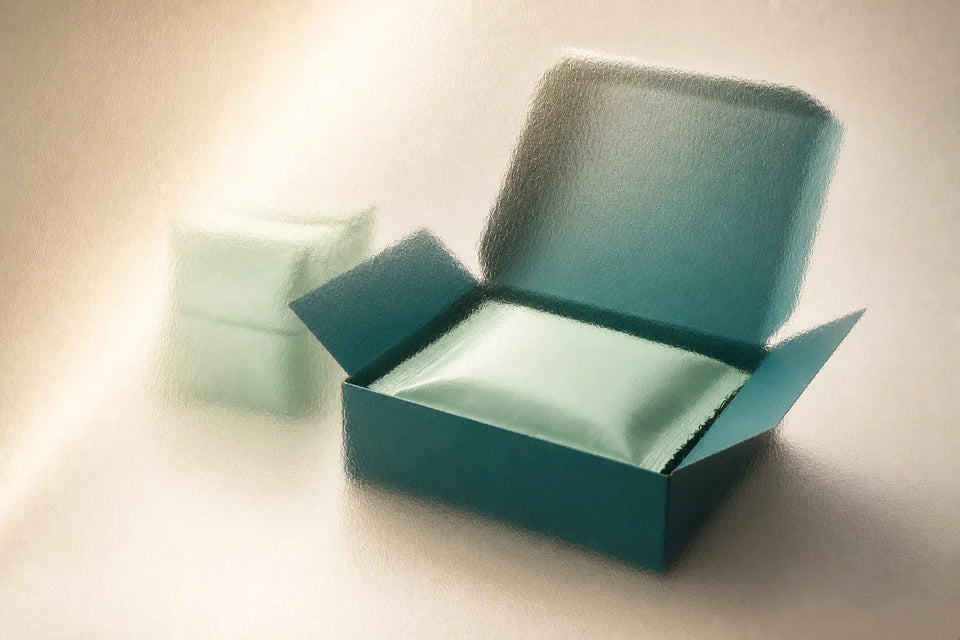 Frosted teal delivery box and mint food pouches illustrating D2C packaging, unboxing and repeat orders