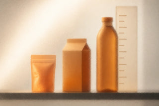 Frosted amber food pouch, carton, bottle and measuring form illustrating packaging design scope and cost