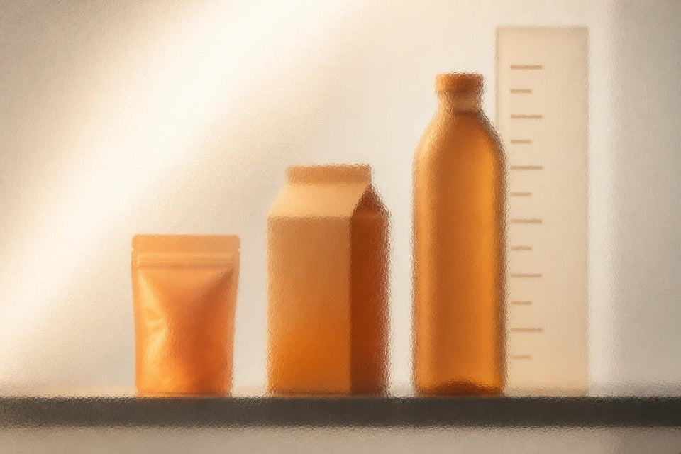 Frosted amber food pouch, carton, bottle and measuring form illustrating packaging design scope and cost