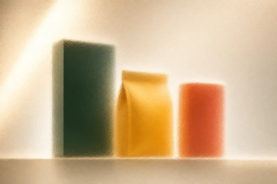 Frosted green, saffron and coral food packs arranged for quick visual scanning on a retail shelf