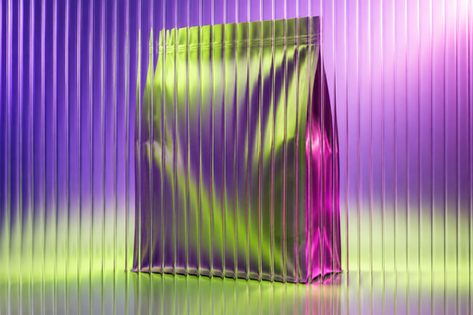 Unbranded gusseted food pouch behind textured glass in vivid coloured light.