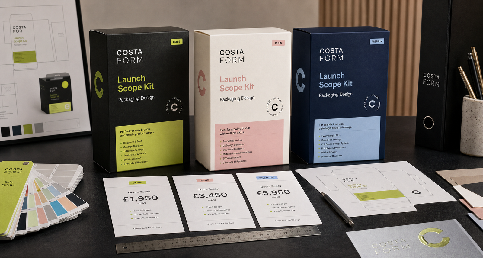 COSTA FORM Launch Scope Kit fictional packaging design quote and pricing guide concept for How Much Does Packaging Design Cost in the UK?
