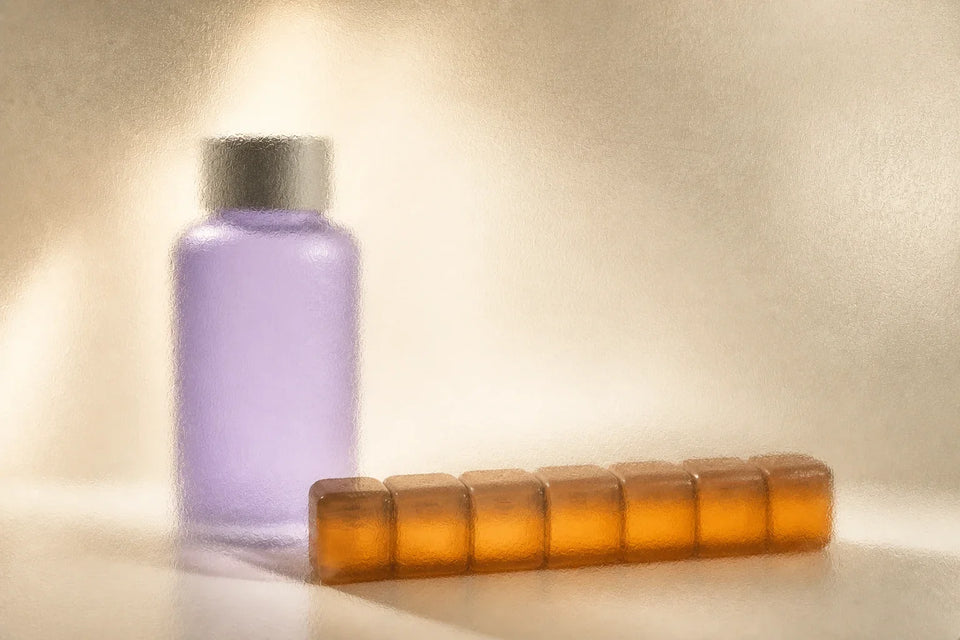 Frosted lavender vitamin bottle beside an amber seven-day pill organiser, illustrating clear daily-dose packaging