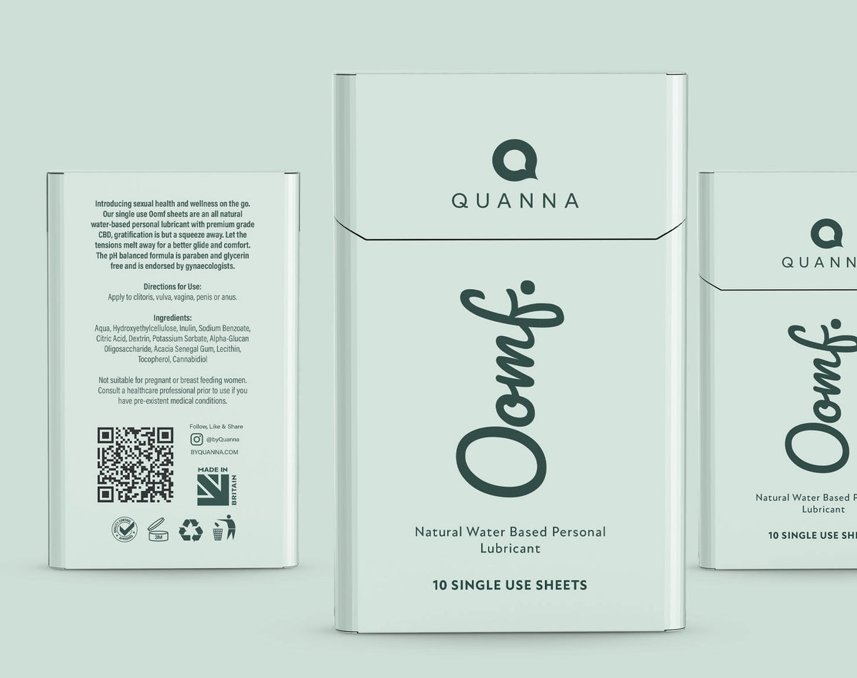 OOMF by Quanna single-use personal lubricant cartons in pale mint with front, side and back packaging views.