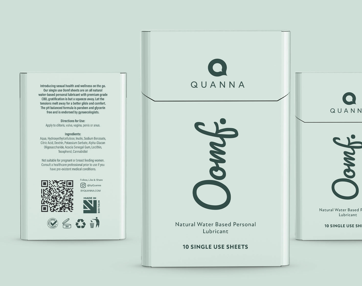 OOMF by Quanna single-use personal lubricant cartons in pale mint with front, side and back packaging views.