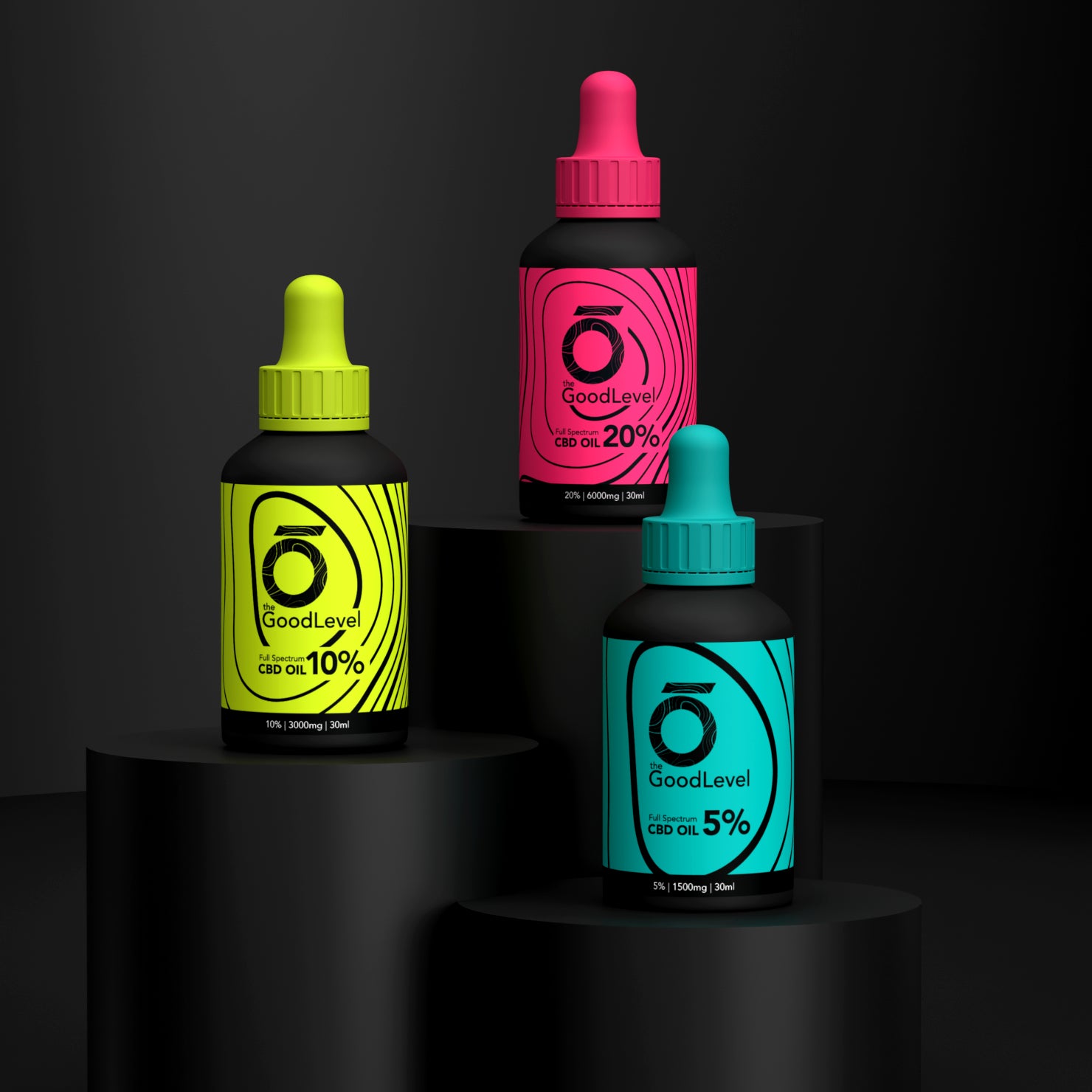 The Good Level CBD oil range displayed on black cylindrical plinths with clear colour coding for three strengths.