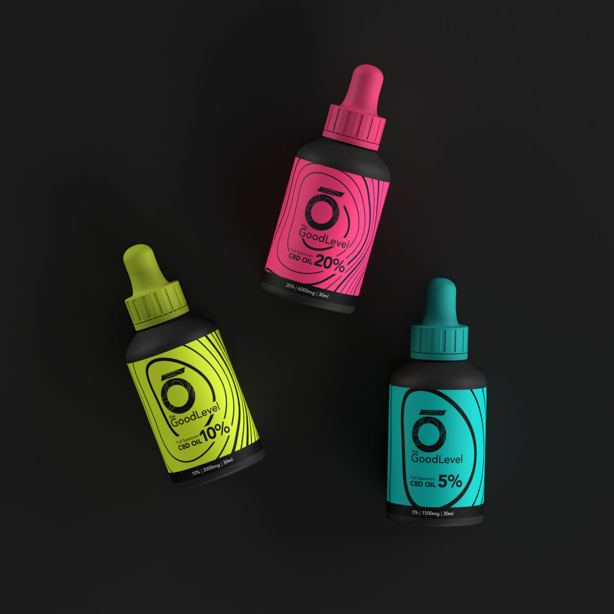 Three Good Level CBD dropper bottles suspended against black, showing the neon labels and curved contour-line graphics.