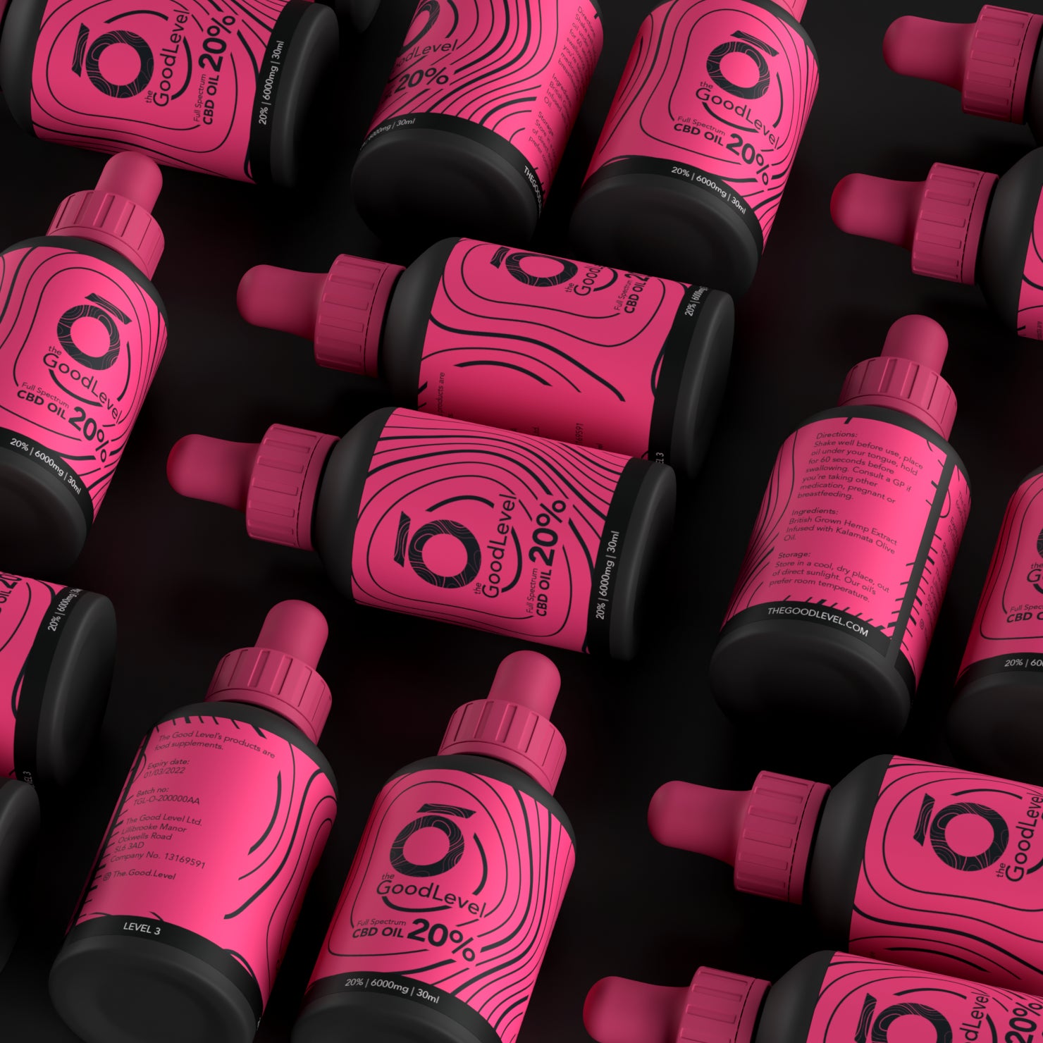 Repeating pattern of pink Good Level 20 percent CBD dropper bottles showing front, side and back label views.