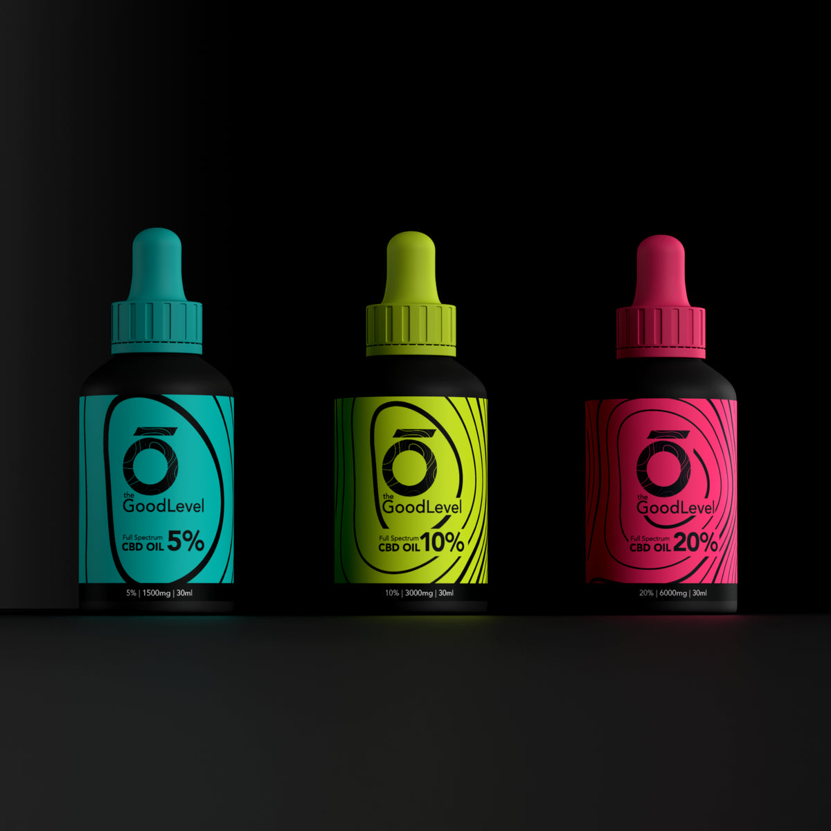 Front-facing Good Level CBD oil range with cyan 5 percent, lime 10 percent and pink 20 percent bottle labels.