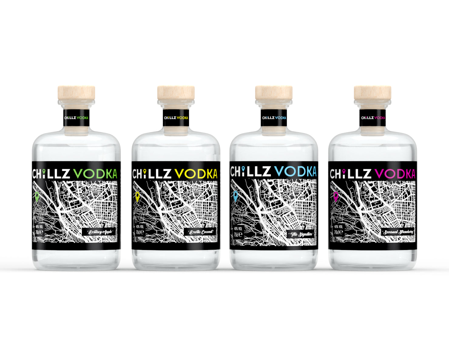 Front-facing CHILLZ VODKA bottle range with four colour-coded flavours and consistent monochrome map labels.