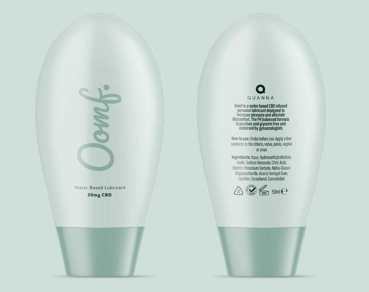 Front and back OOMF by Quanna personal lubricant bottles showing the pebble-shaped pack, mint base and restrained vertical wordmark.