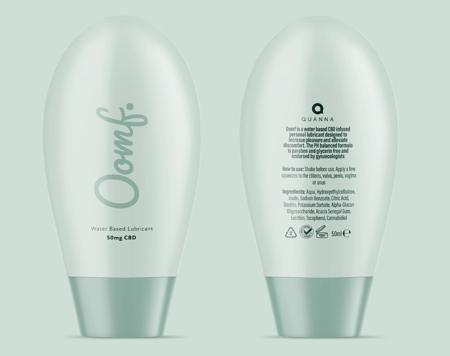Front and back OOMF by Quanna personal lubricant bottles showing the pebble-shaped pack, mint base and restrained vertical wordmark.