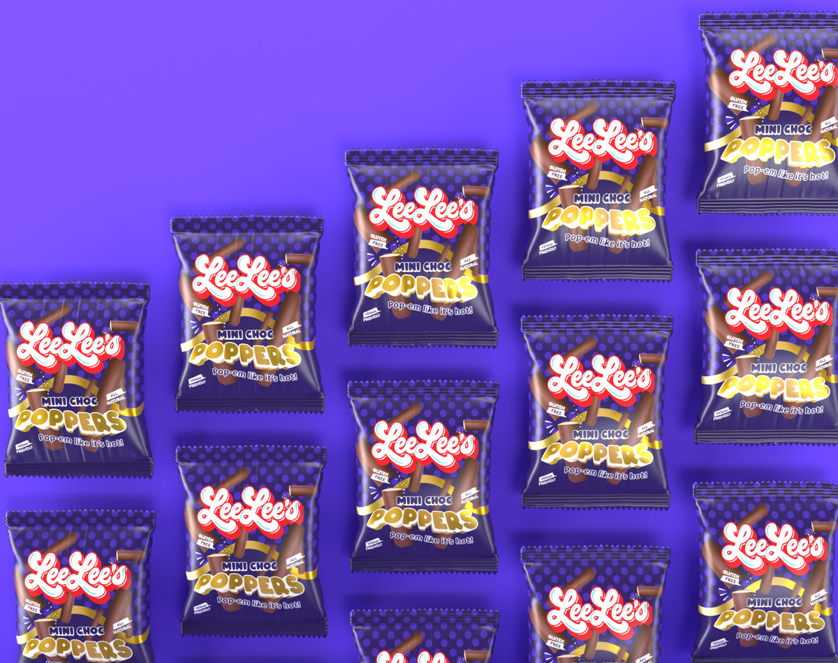 Patterned group of LeeLee's Mini Choc Poppers packs demonstrating shelf impact and repeat packaging consistency.