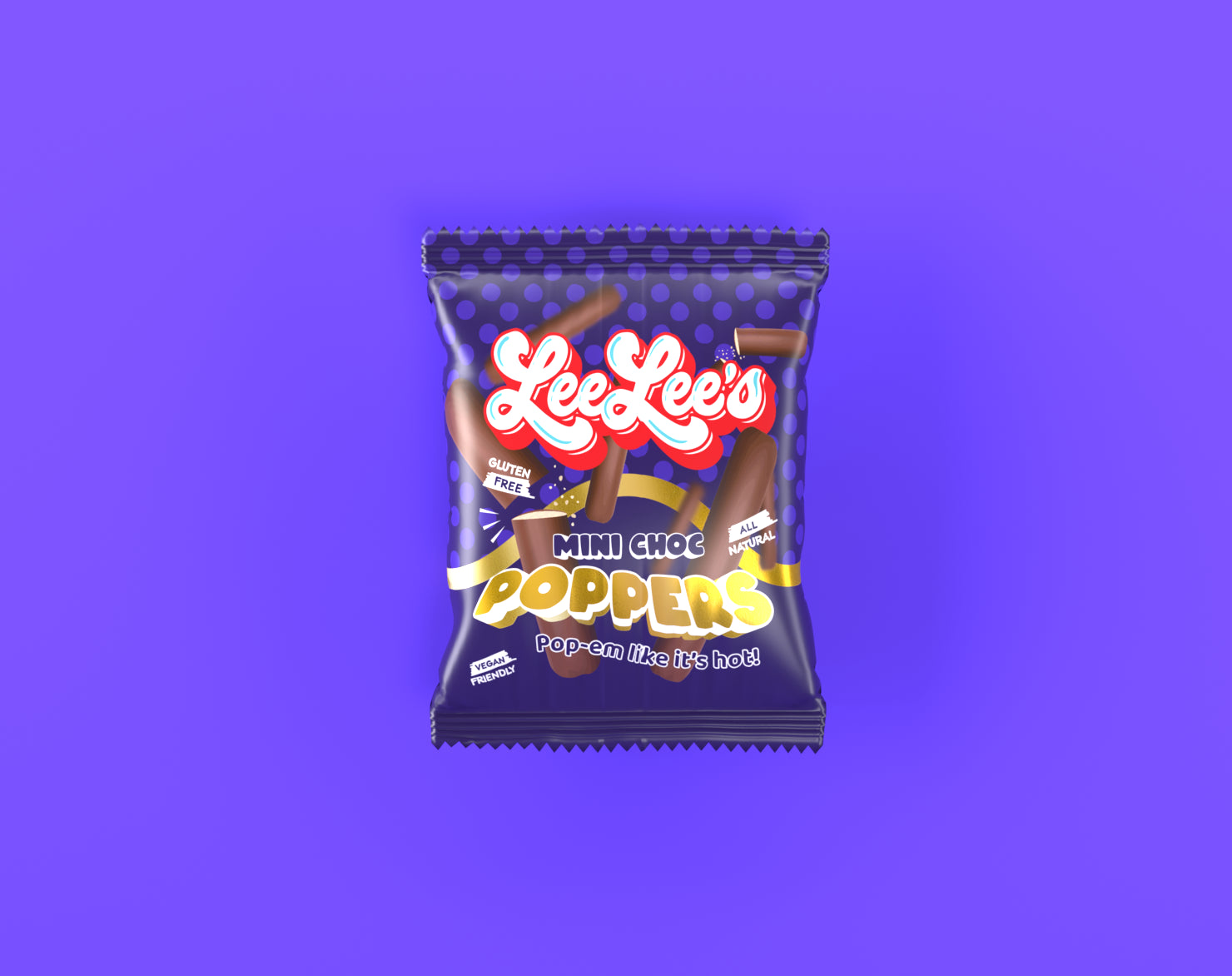Single LeeLee's Mini Choc Poppers flow-wrap pack on a purple background with bold script branding and yellow product typography.