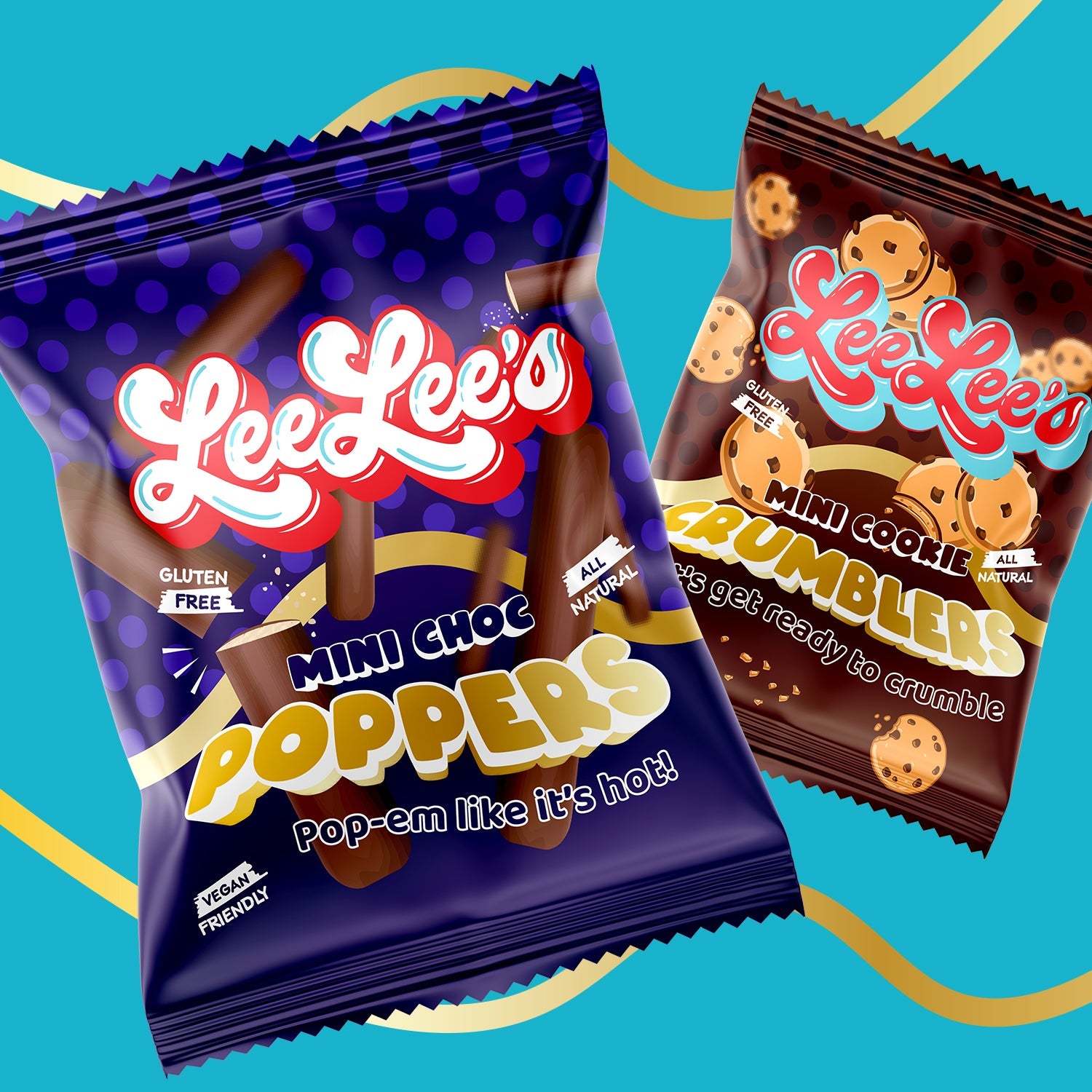 Close-up LeeLee's snack packaging range showing Poppers and Cookie Crumblers flow-wrap designs side by side.