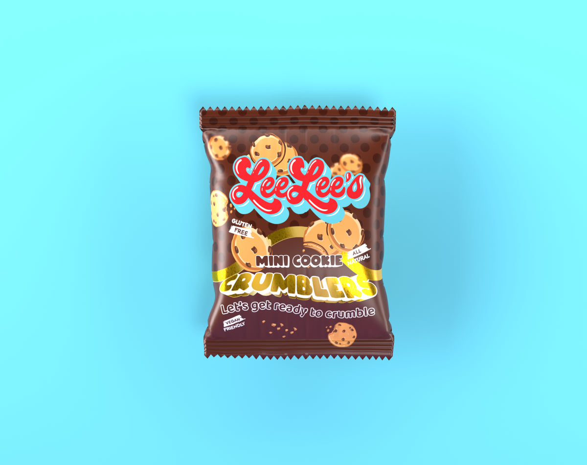 Single LeeLee's Mini Cookie Crumblers snack wrapper on cyan with cookie illustrations and chocolate-brown packaging.