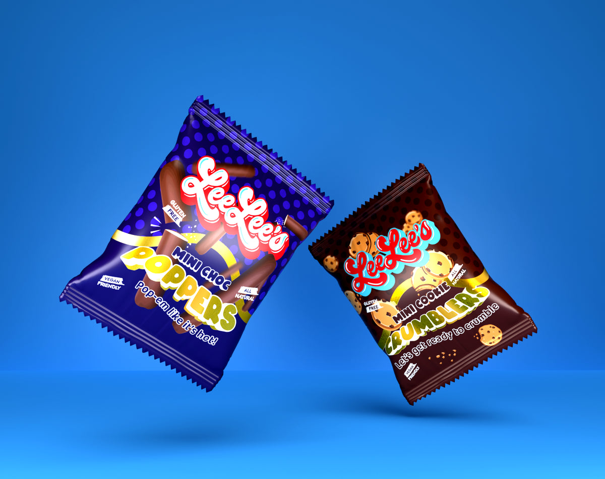 LeeLee's Mini Choc Poppers and Cookie Crumblers packs suspended together in a blue commercial product shot.