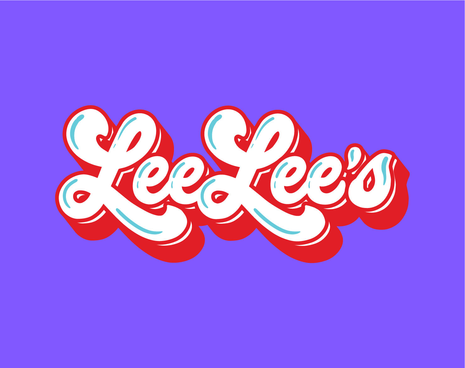 LeeLee's layered script logo shown in white, cyan and red on the core purple brand background.