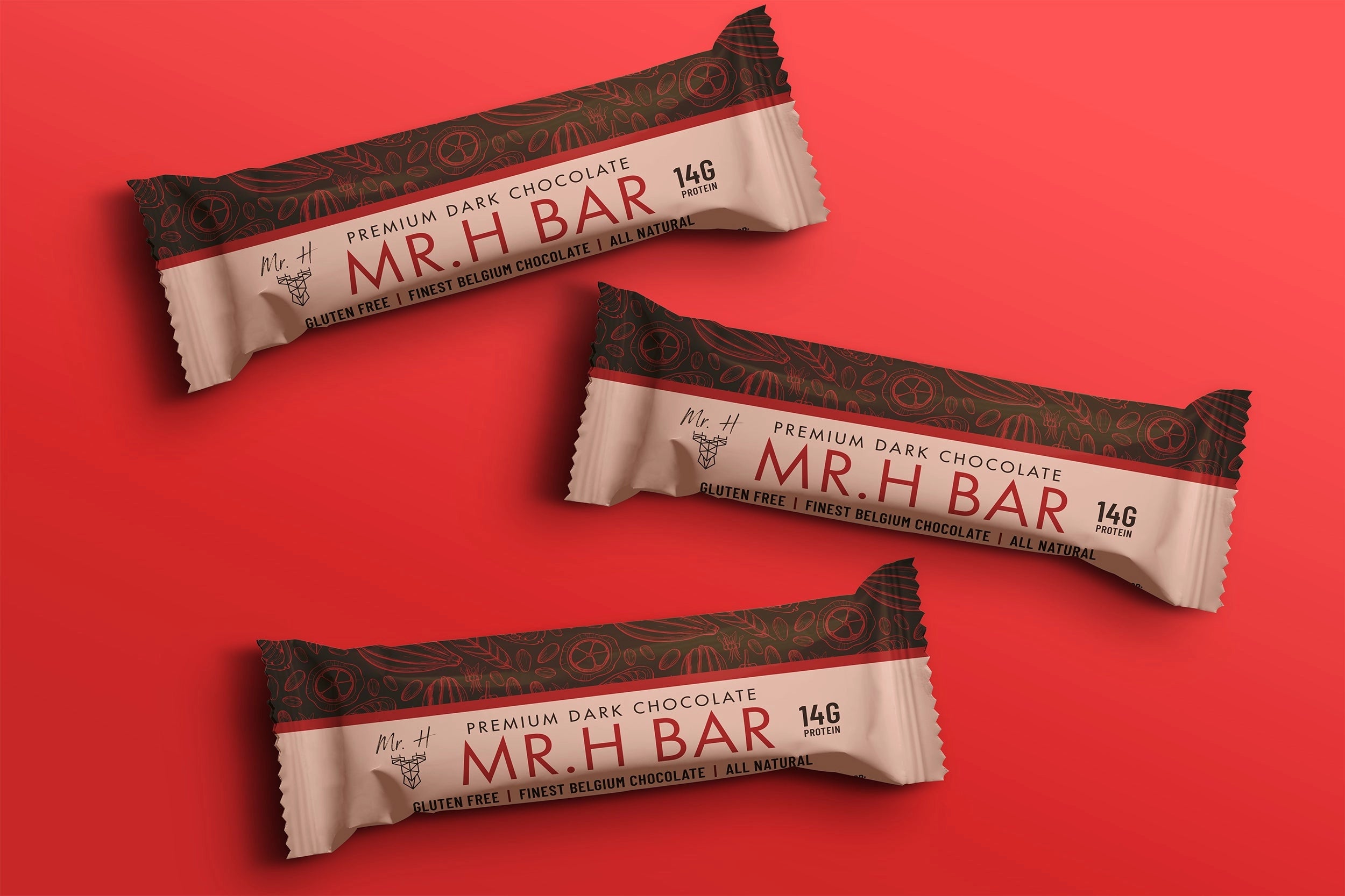 Three Mr H premium dark chocolate protein bar wrappers arranged on a vivid red commercial backdrop.