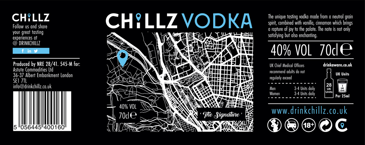 Flat CHILLZ VODKA label artwork showing front map illustration, rear product information, barcode and compliance hierarchy.