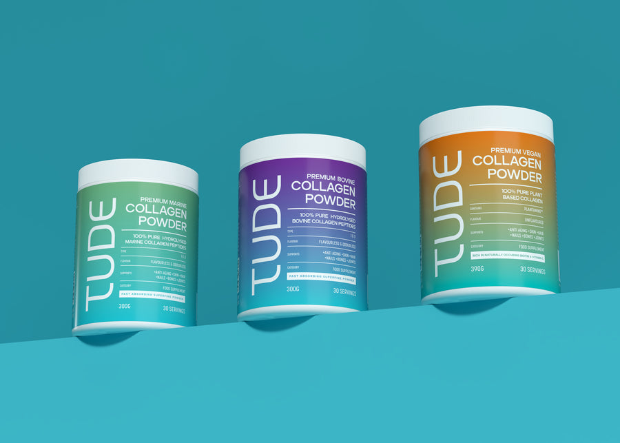 Tude supplement packaging design and wellness brand visuals by Y Not Tony Design Studio