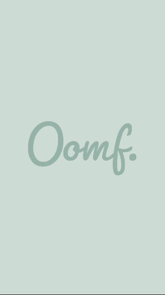 OOMF script wordmark presented vertically in muted sage on the pale mint intimate wellness brand background.