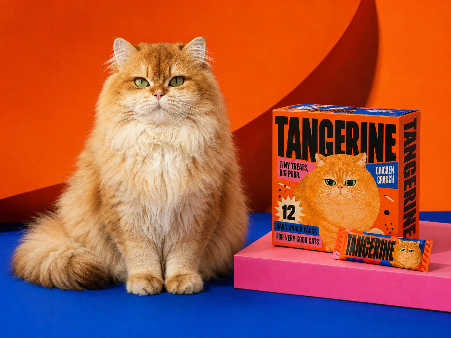 A fluffy orange cat sits beside a bright orange TANGERINE cat treat box and a wrapped treat stick on a pink pedestal against a vivid orange and blue studio background.