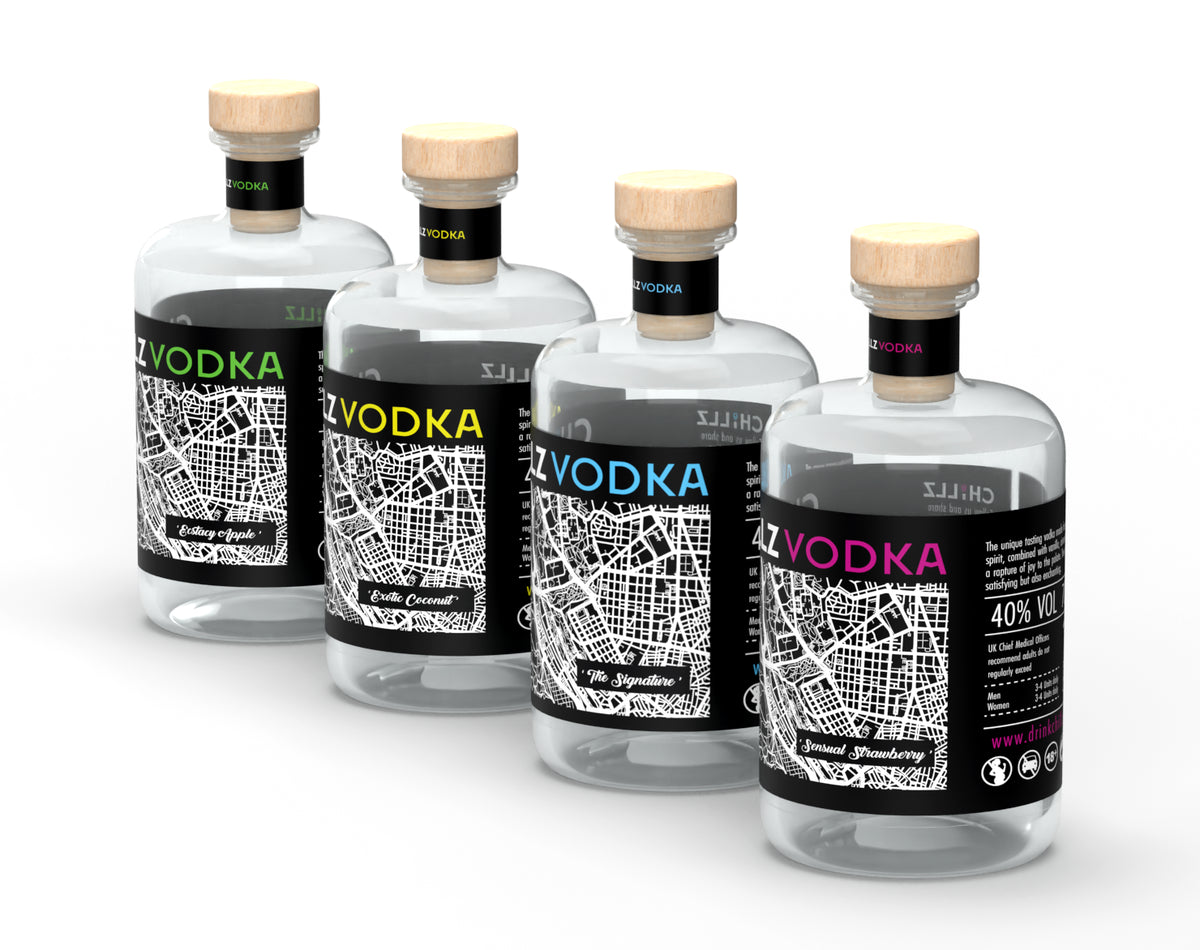 Angled CHILLZ VODKA range packshot showing four bottles with front, side and back label views.