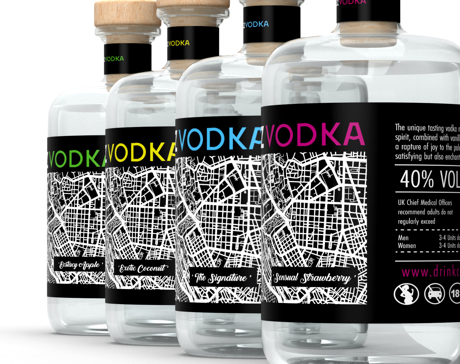 CHILLZ VODKA four-flavour bottle close-up showing green, yellow, cyan and magenta wordmark accents across the range.
