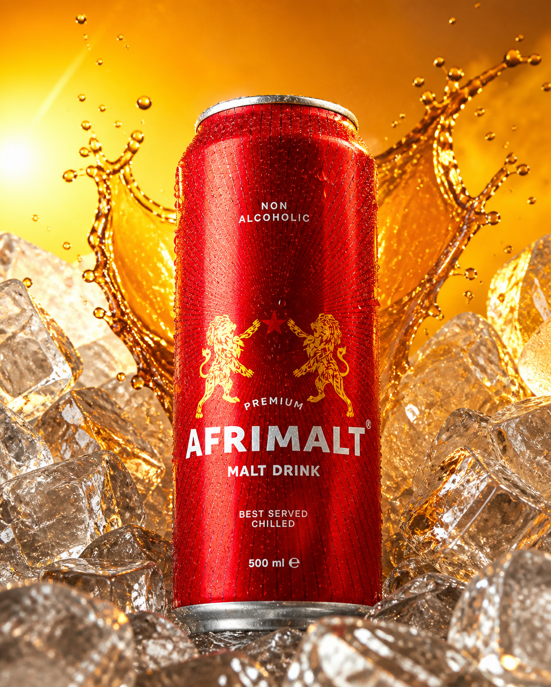 Ice-cold redesigned AFRIMALT 500 ml malt drink can with condensation, clear ice cubes and a dark caramel malt splash