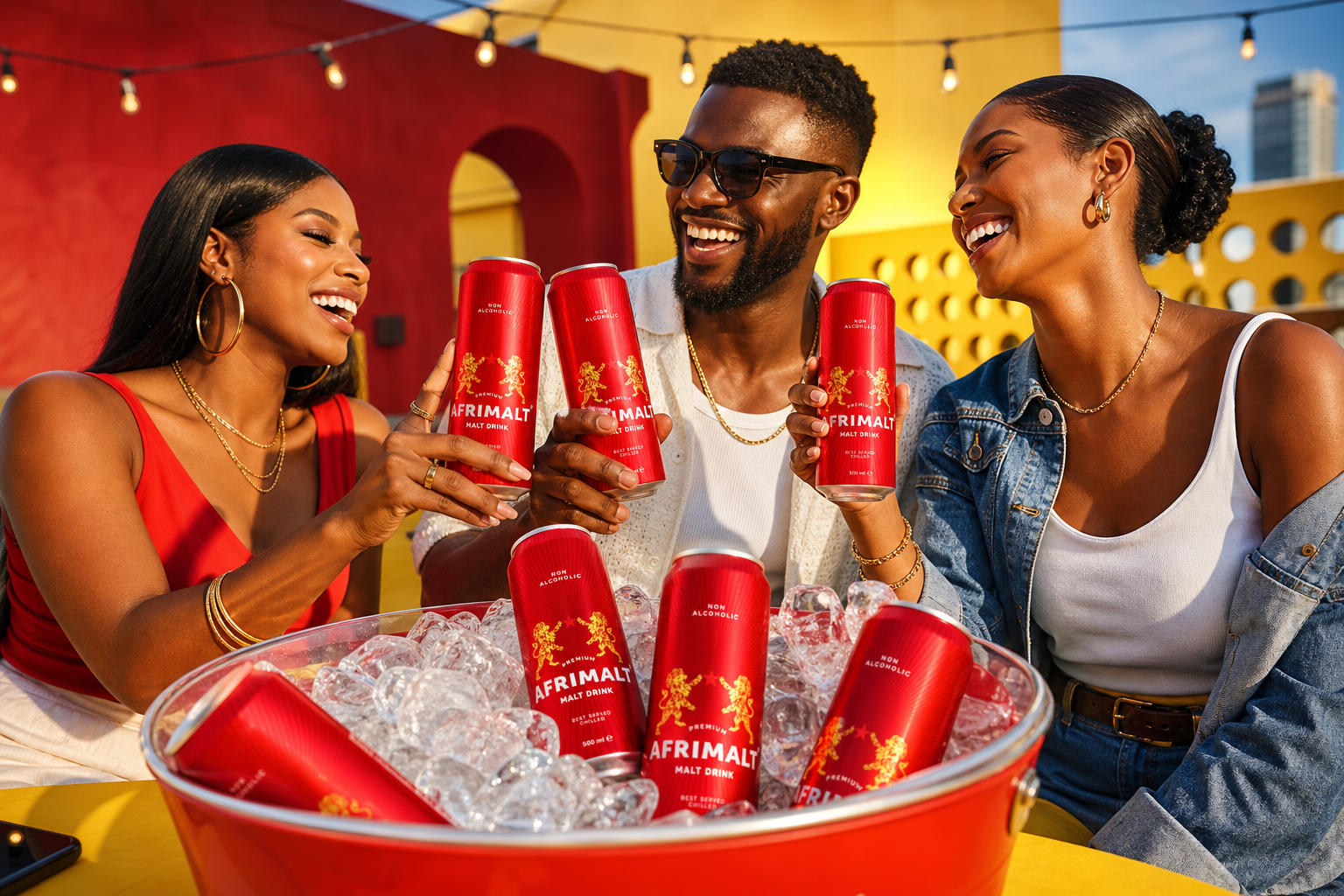Three Black adults sharing unopened AFRIMALT non-alcoholic malt drink cans around an ice bucket at a colourful rooftop gathering