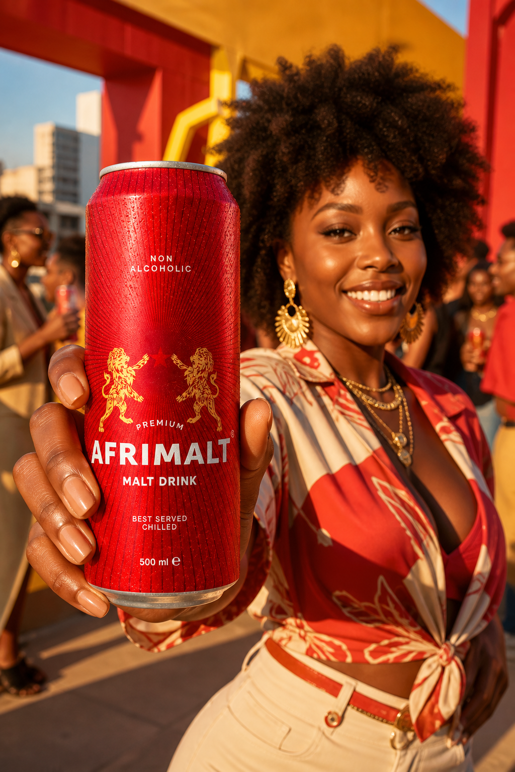 Stylish Black adult woman holding a cold AFRIMALT malt drink can at a vibrant golden-hour rooftop gathering