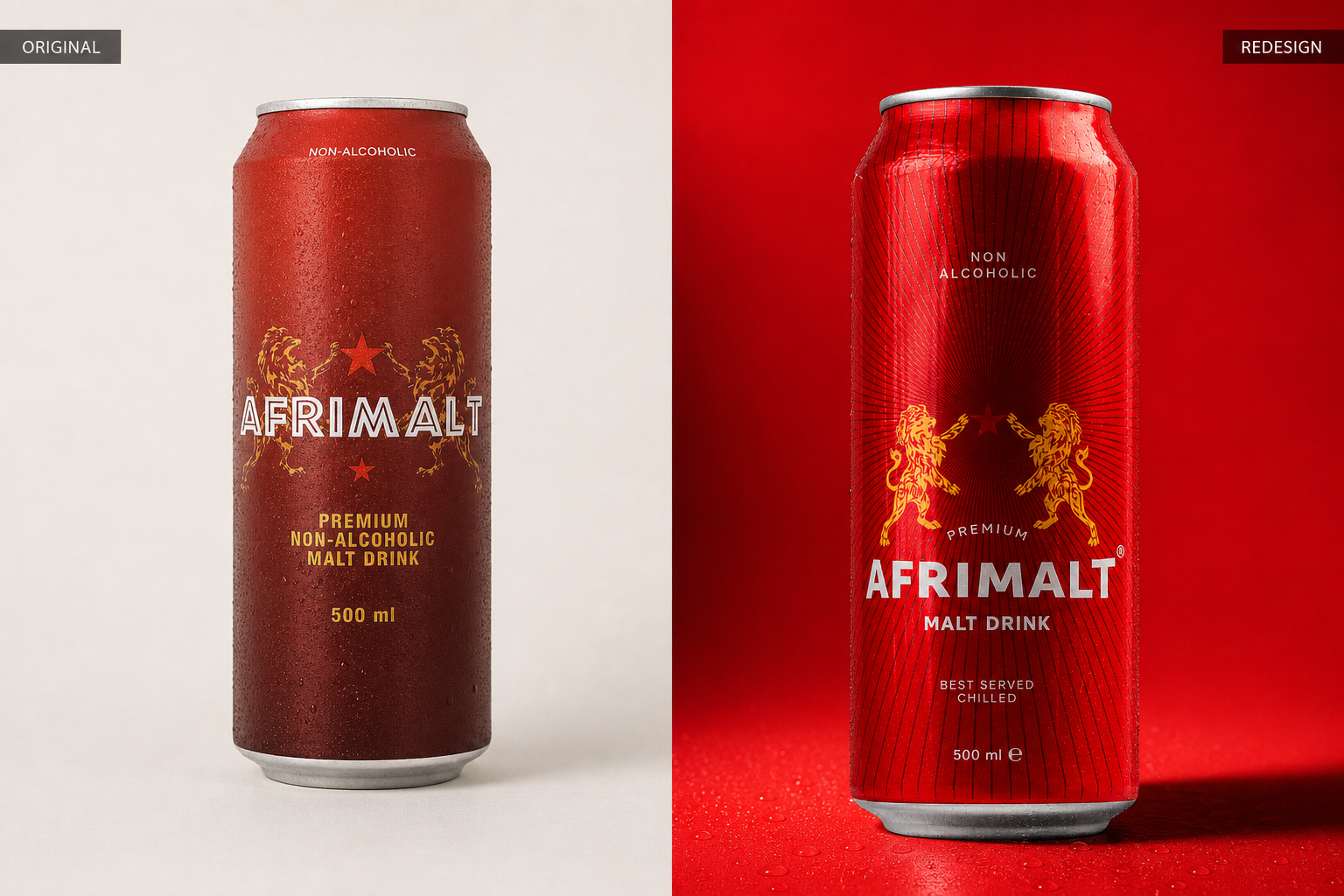 Before and after comparison of the original burgundy AFRIMALT can and the redesigned vivid-red 500 ml malt drink can