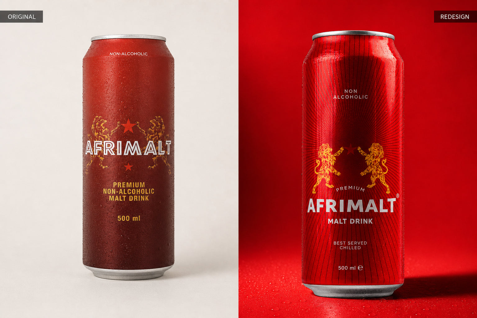 Before and after comparison of the original burgundy AFRIMALT can and the redesigned vivid-red 500 ml malt drink can