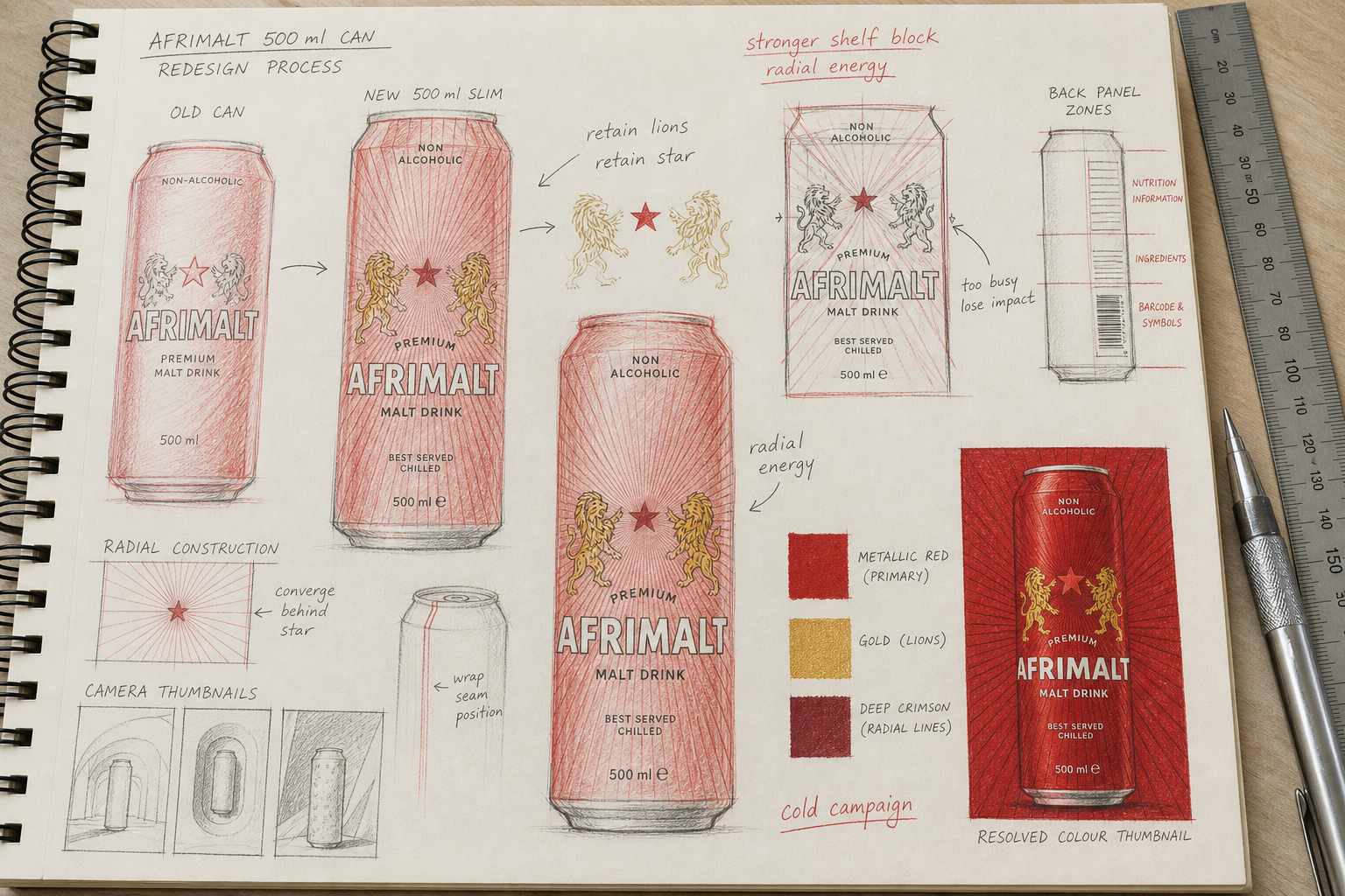 Hand-drawn AFRIMALT 500 ml malt drink can redesign process showing old and new can studies, retained lions and star, radial construction and back-panel zones
