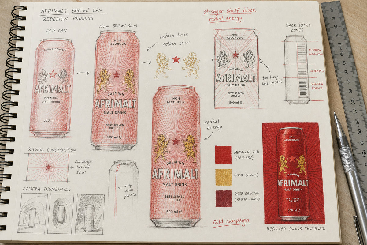 Hand-drawn AFRIMALT 500 ml malt drink can redesign process showing old and new can studies, retained lions and star, radial construction and back-panel zones