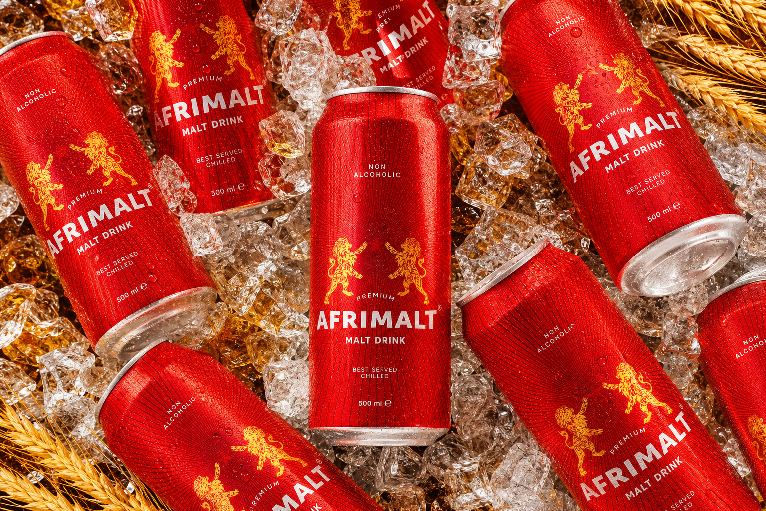 Overhead commercial composition of wet AFRIMALT malt drink cans packed through clear ice with restrained barley details