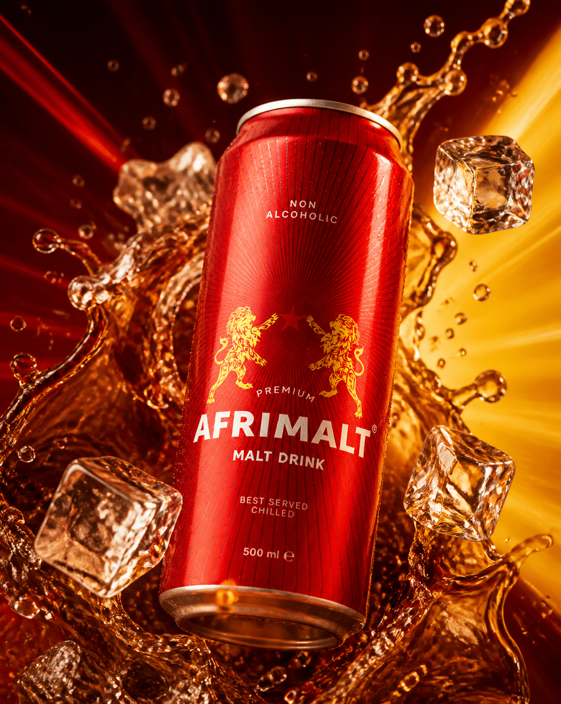 Dynamic AFRIMALT 500 ml can surrounded by frozen caramel malt splash, ice cubes and red-gold campaign lighting