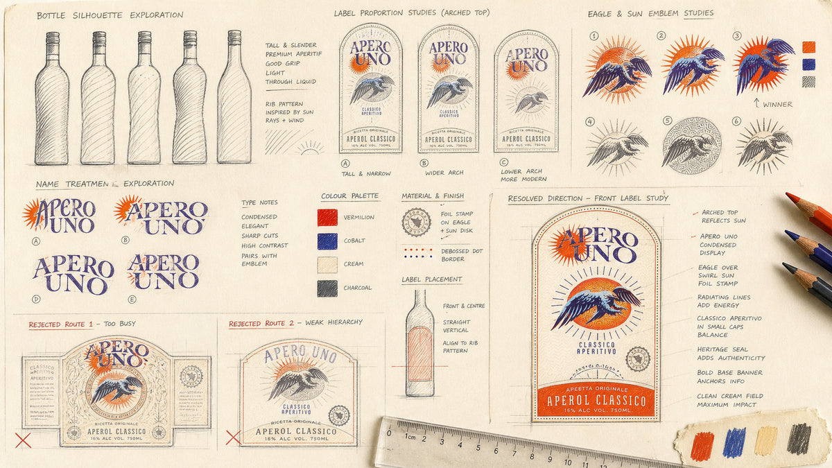 Apero Uno aperitif label development reconstruction showing bottle silhouettes, eagle emblem trials, typography, colour swatches and the resolved label direction.