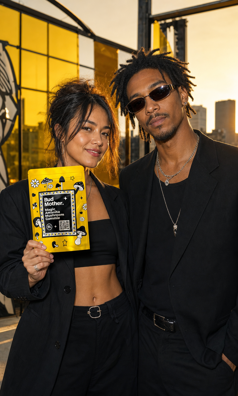 Two stylish adults presenting the unopened BUD MOTHER mushroom gummy pouch at a golden-hour rooftop art event