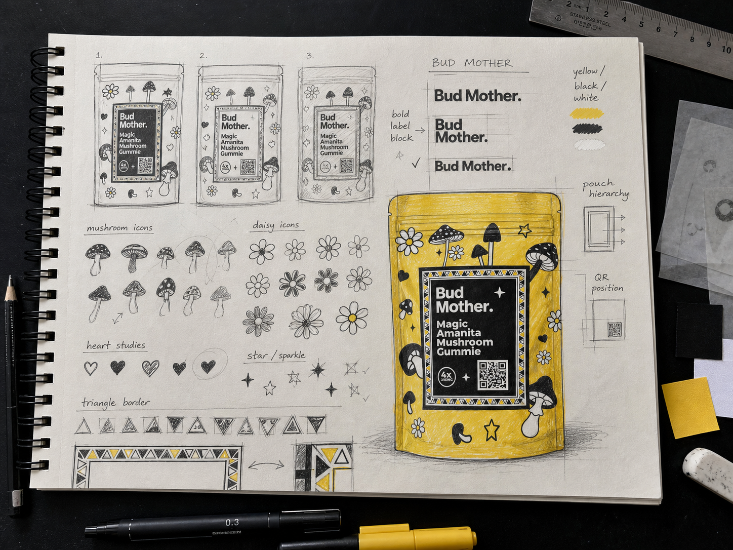 Hand-drawn BUD MOTHER mushroom gummy packaging process showing pouch thumbnails, wordmark studies, mushroom icons, daisies and triangular label border